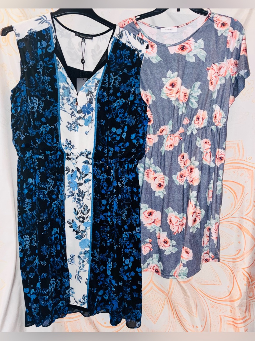 Adrianna Papell Blue & Black Floral Dress Paired w/ a Grey & Coral Floral Dreas